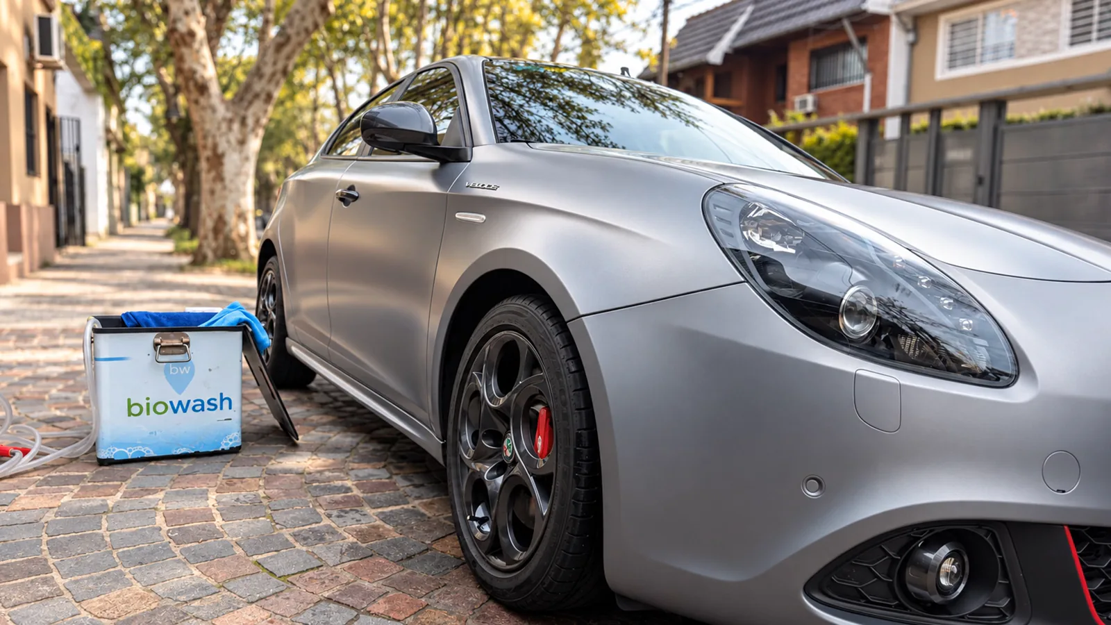 Un Alfa Romeo gris recién lavado en una calle de adoquines, con el equipo de BioWash y su manguera apoyados al lado